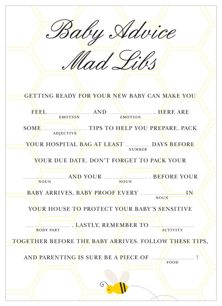 Mommy To Bee Baby Shower Mad Libs