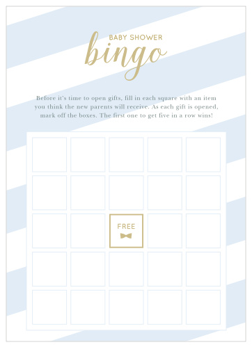 Our Stunning Stripes Baby Shower Bingo is a classic bingo board, decorated with stunning, blue and white stripes and a casual calligraphy.
