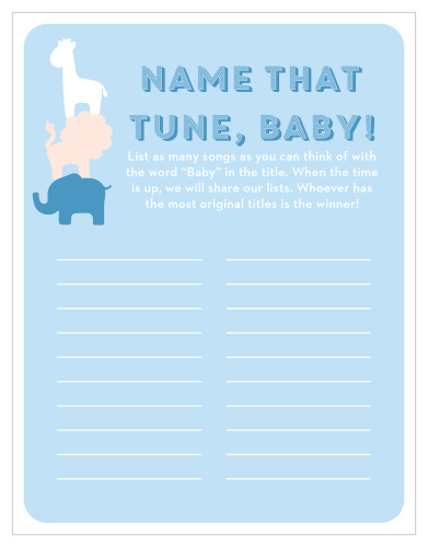 Scramble to think of the most original song titles with our simple, but hilarious, Safari Soiree Baby Song Contest.