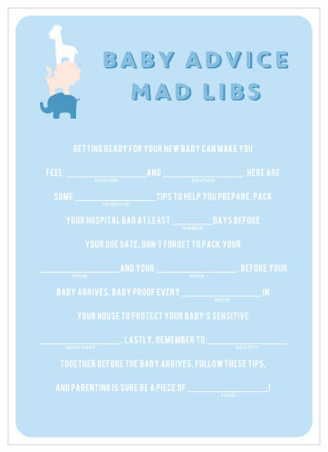 Have your friends and family fill in the blanks Safari Soiree Baby Shower Mad Libs for a hilarious new take on baby preparations.