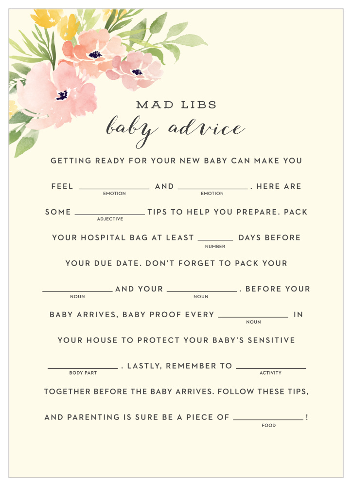 Pretty Poppies Baby Shower Mad Libs