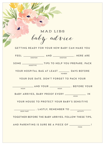 Have your friends and family fill in the blanks of our Pretty Poppies Baby Shower Mad Libs for a hilarious new take on baby preparations.