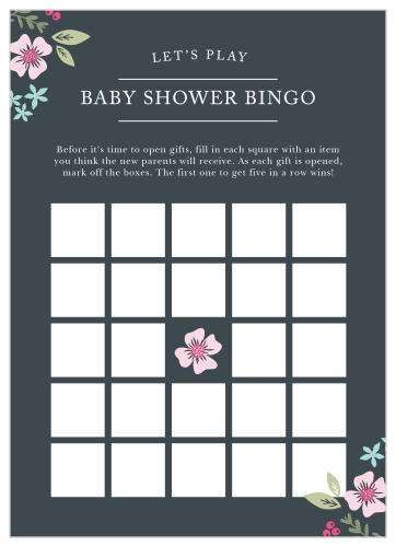 Keep the magic and surprise alive with our Garden Flowers Baby Shower Bingo. A classic bingo board decorates the card’s background alongside gorgeous florals and a high-contrast background. Have your guests guess what’s in each gift, then hand out little rewards in turn!