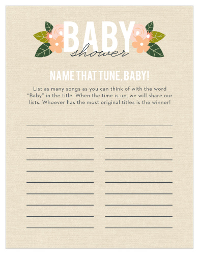 Scramble to think of the most original song titles with our simple, but hilarious, Herbaceous Babe Baby Song Contest. Choose a word- “baby” being the obvious choice- and set your guests loose, having them fill in each clear line with their favorite fitting songs. With stunning florals and elegant typography to give the card a flash of elegance, this game is sure to be a hit at your baby shower.