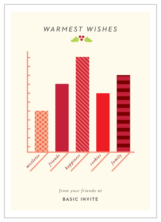 Sharp visuals describe the most important parts of the holidays on our Holiday Infographic Corporate Holiday Cards. Bright red bars rise and fall across the tan paper, their patterns beautifully reminiscent of gift-wrapping, while a neat print in italics spells out all of your well-wishes, just below a sprig of mistletoe.