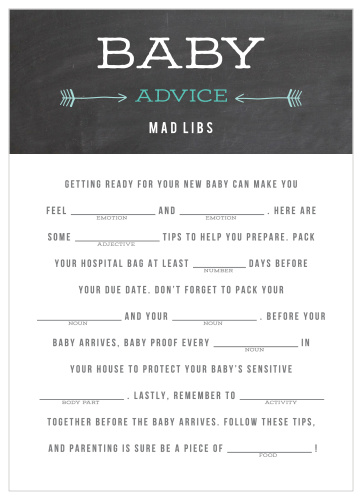 Have your friends and family fill in the blanks for a hilarious new take on baby preparations with our Baby Chalk Baby Shower Mad Libs.