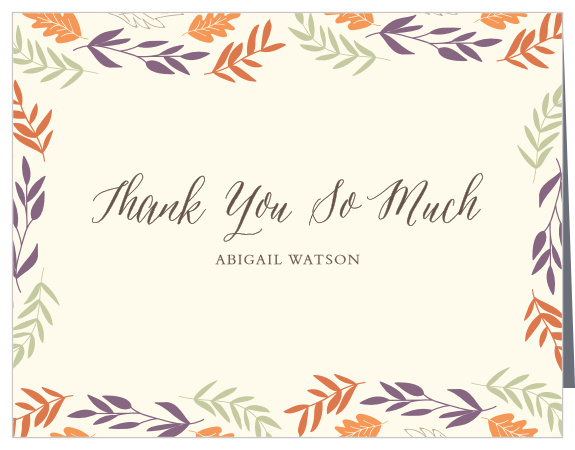 Our Autumn Harvest Bridal Shower Thank You Cards feature a border of colorful, fall foliage.
