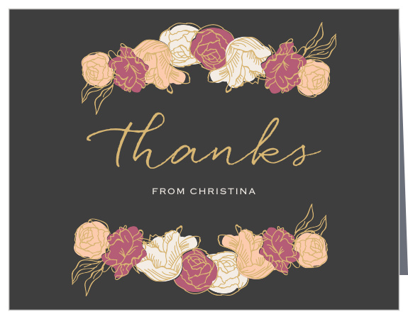 Stunning, multi-colored, rose blooms with gold foiled accents adorn the Shining Blooms Bridal Shower Thank You Cards. 