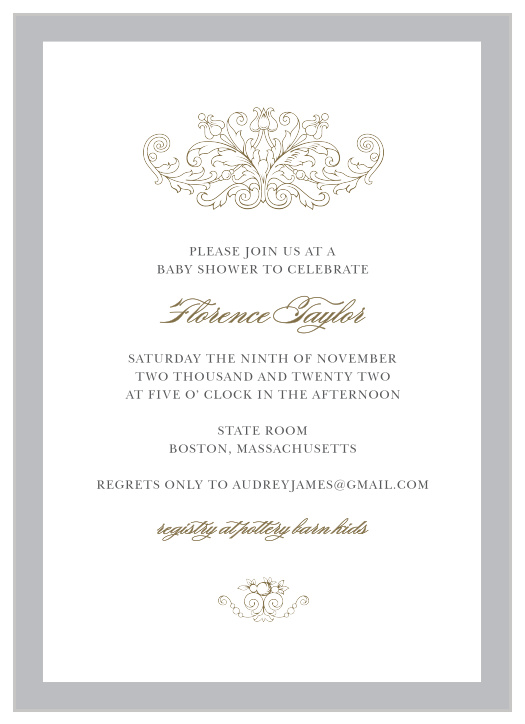 Our luxurious Simple Damask Baby Shower Invitations feature ornate embellishments at the top and the bottom of the design in addition to a bold colored border.
