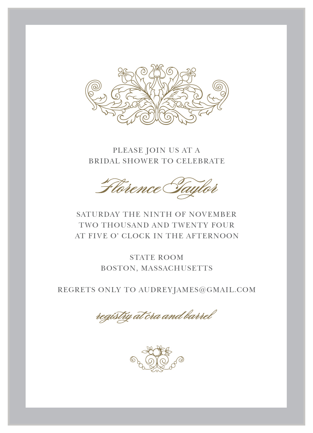 Simple Damask Bridal Shower Invitations