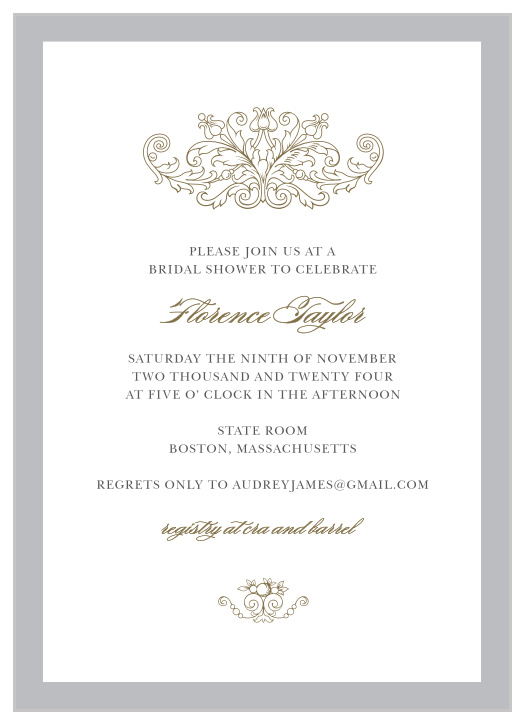 Our luxurious Simple Damask Bridal Shower Invitations feature ornate embellishments at the top and the bottom of the design in addition to a bold colored border.