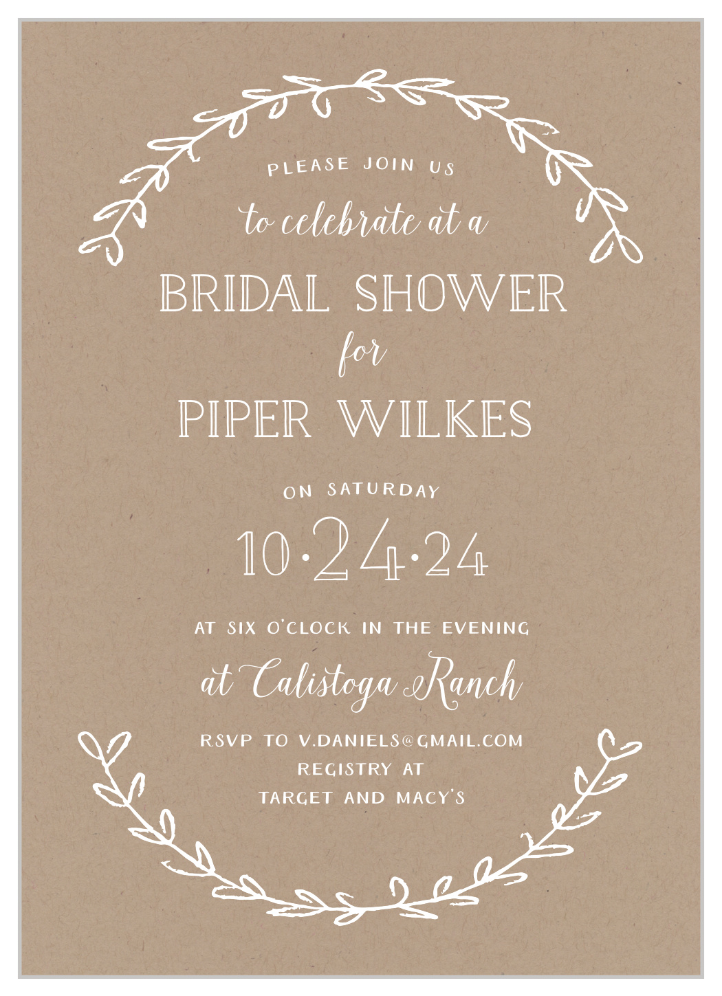 Rustic Laurel Bridal Shower Invitations