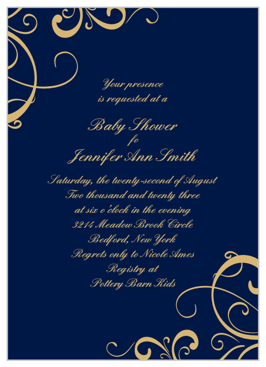 With an irresistibly vintage design featuring bold colors and bright gold-foil text, you can be sure that our Artful Swirls Baby Shower Invitations are perfect for gathering together the people you care about most. Elegant calligraphy spells out every detail of your celebration in shining color, while the namesakes of this card dance from opposing corners toward the center. 