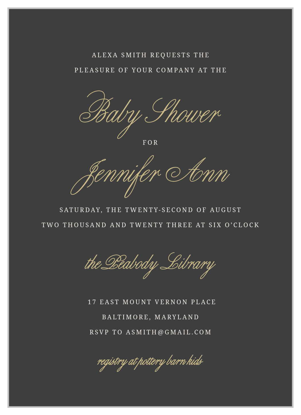 Golden Calligraphy Baby Shower Invitations