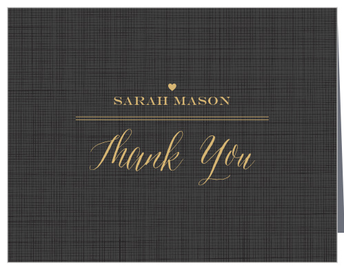 Spell out your appreciation in gorgeous gold-foil on the black-plaid background of our Simple Chic Bridal Shower Thank You Cards. A small, golden heart decorates the space above your name and gratitude, each written in their own flowing gold. Between the lovely contrast of gold on black, beautiful typefaces, and the subtle touch of a single heart, these cards offer everything you need. 