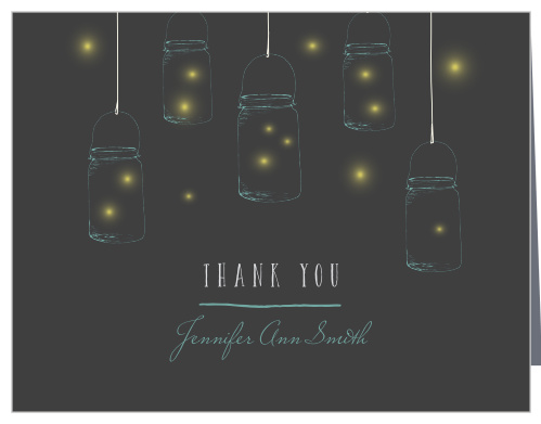 Firefly Night Bridal Shower Thank You Cards offer a gorgeous way to share your appreciation with your friends and family. Fireflies glow yellow within the light blue jars holding them, while a combination of blue script and white print spell out your message. 