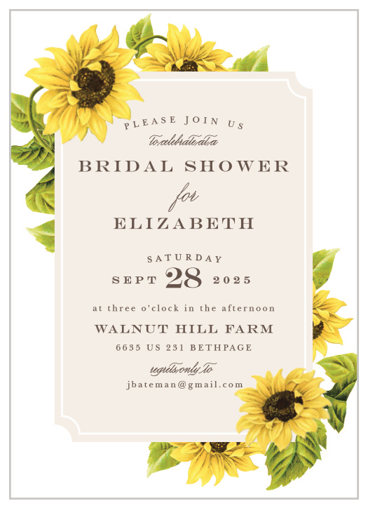 Enjoy the company of your friends and family when you use our Sunflower Field Bridal Shower Invitations to invite them.