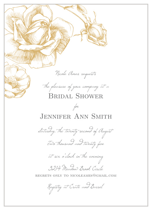Watch your guest list bloom like the gorgeous, gold-foil rose on the cover of our Sketched Rose Bridal Shower Invitations. Spell out the details of your event with a duo of typefaces- one of them an elegant, handwritten script, and the other a subtle print- guaranteeing that these cards are as easy to read as they are to love.