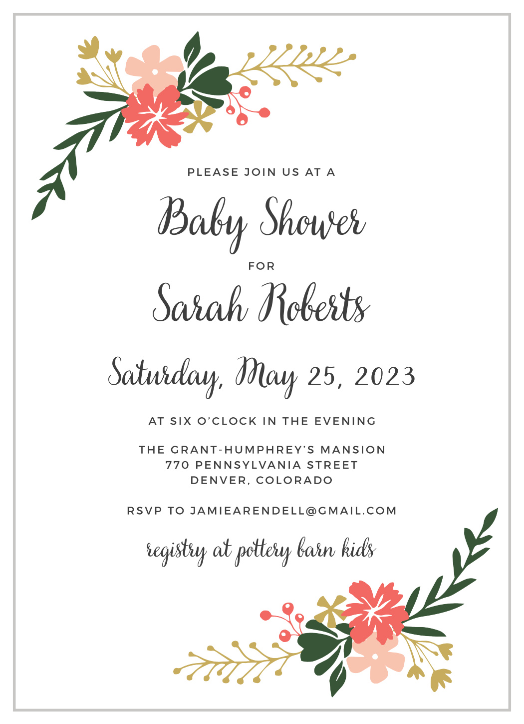 Calligraphy Flowers Baby Shower Invitations