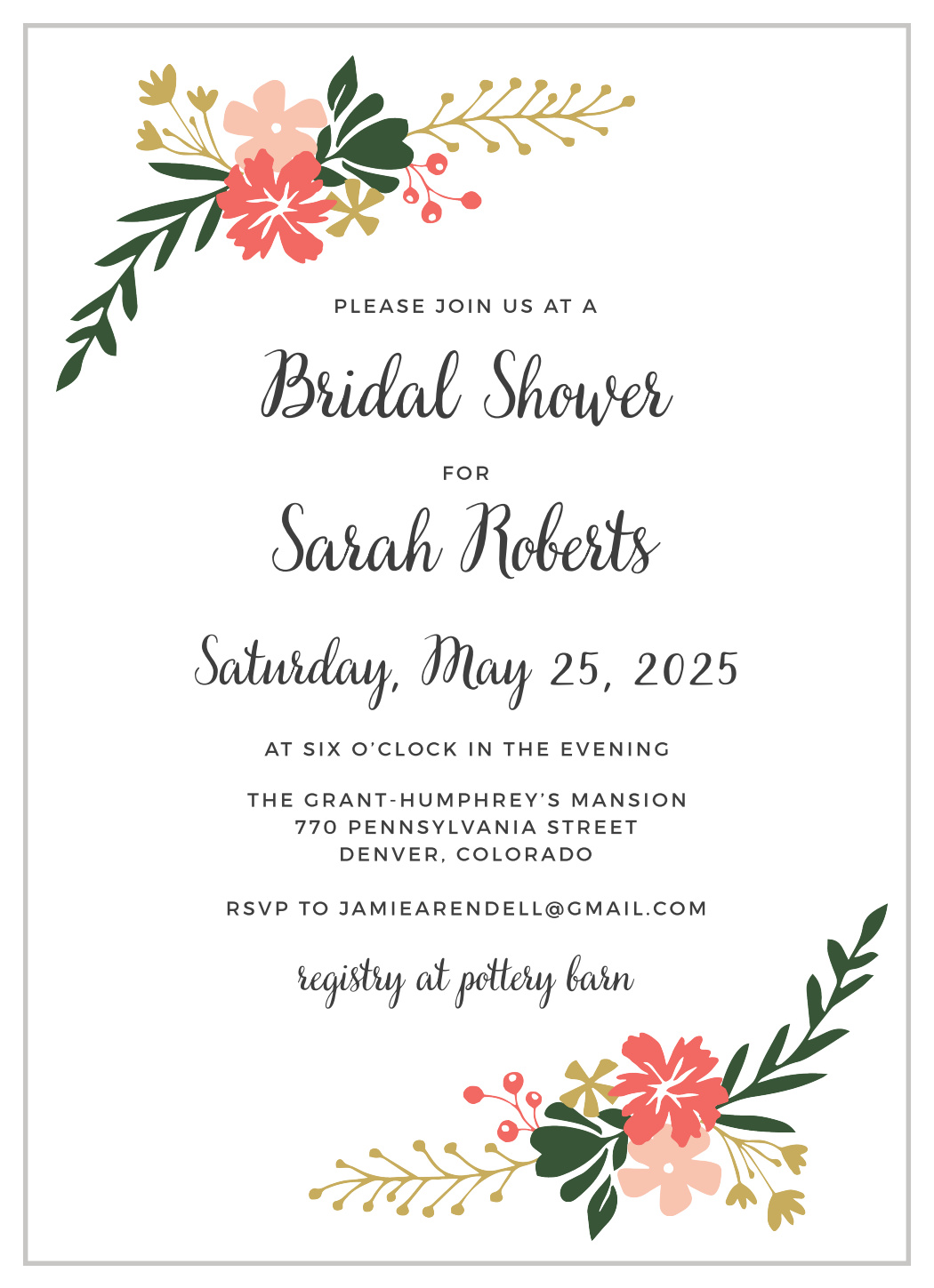 Calligraphy Flowers Bridal Shower Invitations