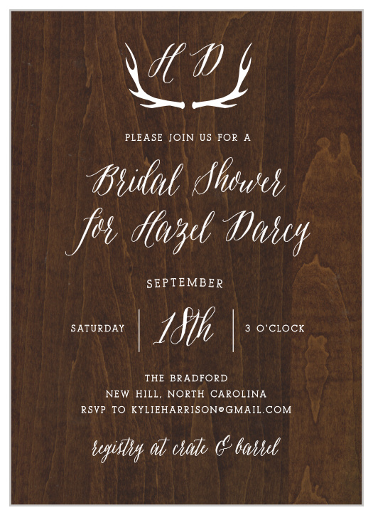 Invite those dearest to you with the deer antler illustrations of our Woodgrain Antlers Bridal Shower Invitations. The deep, beautiful browns of this woodgrain background create a stunning contrast for the bright white of your text- guaranteeing that your cards are as easy to read as they are to love.