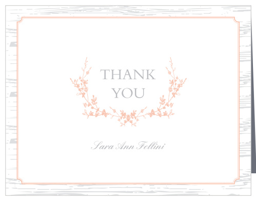 Turn your gratitude into something tangible with our stunning Wreathed Woodgrain Bridal Shower Thank You Cards. An elegant floral design highlights your text in the middle of the page- a neat print for your appreciation and a subtle calligraphy for your name- while the background is formed out of an ever-beautiful woodgrain in grayscale. With these gorgeous cards, you can say anything you could ever need to.