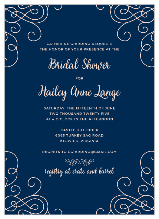Gather your closest friends and family together with our stunning Swirled Simplicity Bridal Shower Invitations. A deep blue background adds tasteful contrast to the pale pink spelling out the details of your day, as well as the elegant swirls decorating the corners.