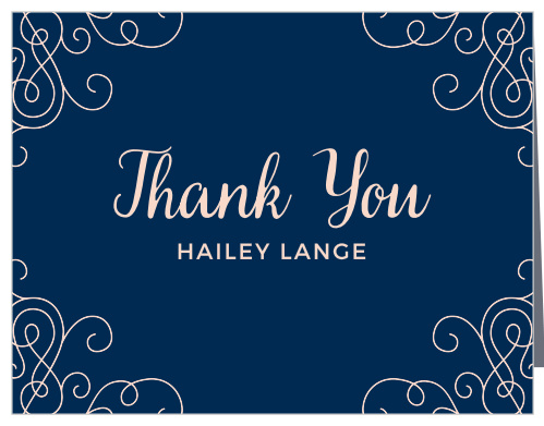 Swirled Simplicity Bridal Shower Thank You Cards are a gorgeous way to share your message of appreciation after everything is said and done. A gorgeous script forms the center of the card in light pink alongside your name in a subtle print, while elegant swirls decorate each of the four corners. With the combination of pink and blue offering a gorgeous contrast, you can be sure that your cards are as easy to read as they are on the eyes.