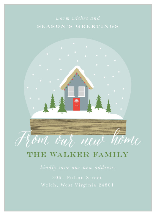 Send your warmest well-wishes during the coldest season of the year with our lovely Snowglobe House Holiday Cards. A gorgeous winter illustration decorates the center of the card, accentuated by your kind message in duo of fonts and colors- a white script that swirls like snow across the page and a bold green print for your name, each of which stands out bright and cheerful against the light green background. 