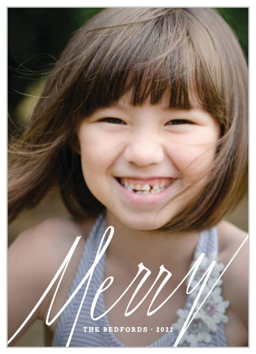Keep the focus of your holiday well-wishes on your lovely family with our simple Modern Merry Christmas Cards. Your choice of photo decorates the background of the card while a larger-than-life script swirls across the page with your warm message.