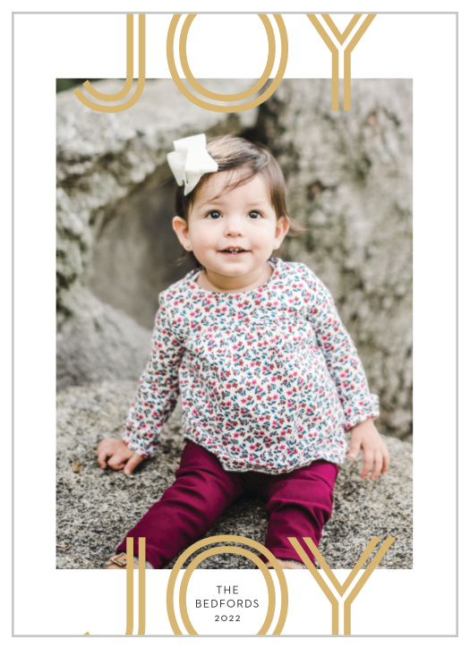 Your favorite family photo is gently cradled by the bold duo of "JOY" words on our Stacked Joy Christmas Cards. With their lettering in brightly shining gold-foil and your family name in a simple black print, these cards are sure to warm the hearts of the people you care about most- no matter how cold the season gets.