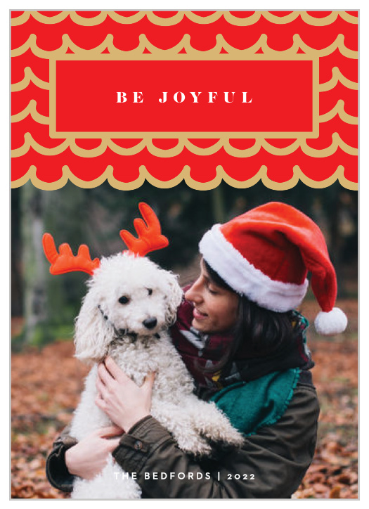 Add a touch of elegance to your holiday greetings with our Retro Ruffle Holiday Cards. A bright, festive red decorates the top half of the card, complete with wavy ruffles of shining gold-foil, while your favorite photo decorates the bottom portion.
