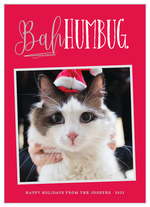 Our Bah Humbug Christmas Cards feature a raspberry red background with an off-kilter frame for your heartwarming portrait.