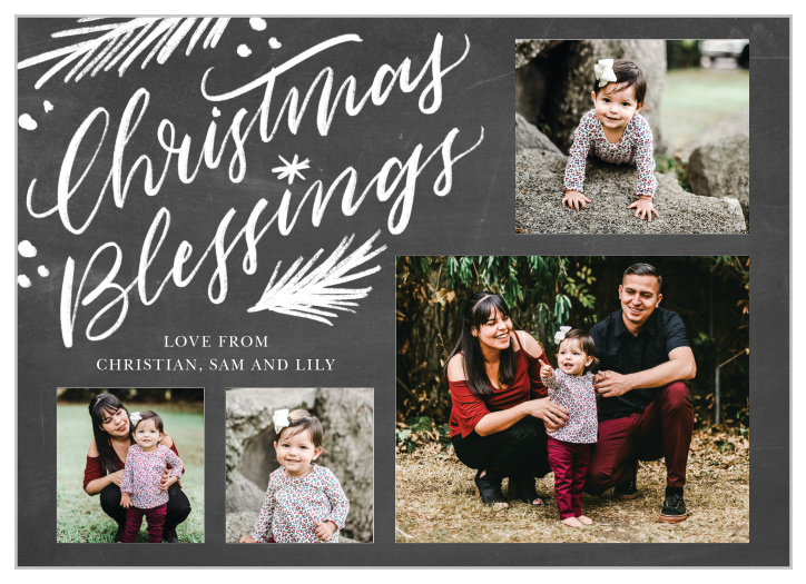 Our Evergreen Blessings Christmas Cards are a stunning way to pass along your holiday cheer this winter season. Flowing calligraphy spells out your message of peace in the top-left corner of the card, surrounded by illustrations of classic pine branches, before the card's focus transitions to your beautiful family photos along the outside borders.