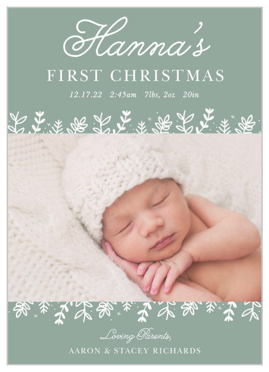 Our First Baby Christmas Cards are almost as precious as your newborn. With hand-written, clean-cut fonts for your greeting, family name, and the details of your newborn, as well as a floral frame for your choice of photo, these cards are a stunning way to share your joy with the people you love.