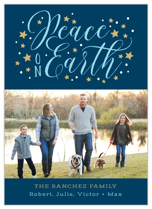 Peace & Stars Christmas Cards offer a beautifully classic way to share your limitless holiday joy. Blue the color of the night sky decorates the background of the card, decorated by your favorite photo, swirling texts, and bright star illustrations.
