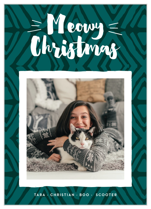 Write your holiday well-wishes in swirling white calligraphy against the beautifully deep green of our Cats Meow Christmas Cards.