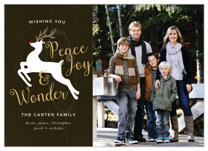Our Country Reindeer Christmas Cards offer a fantastically rustic appearance for your modern well-wishes. A gorgeous gold-foil swirls around your flying reindeer illustration, sharing your holiday cheer, while guaranteeing that it and your white prints are easy to read against the woodgrain backgound.