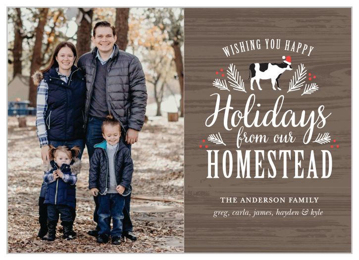 Plant the seed of holiday joy with our Country Farmer Christmas Cards. Lovely scripts and clean-cut prints fill the page with the details of your message and family, complete with little illustrations celebrating the big day. With your favorite photo decorating the left half of the card, you can be sure that your loved ones will be glad to welcome these into their homes.