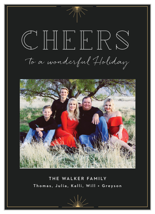 Our Art Deco Cheers Holiday Cards are festive and formal.
