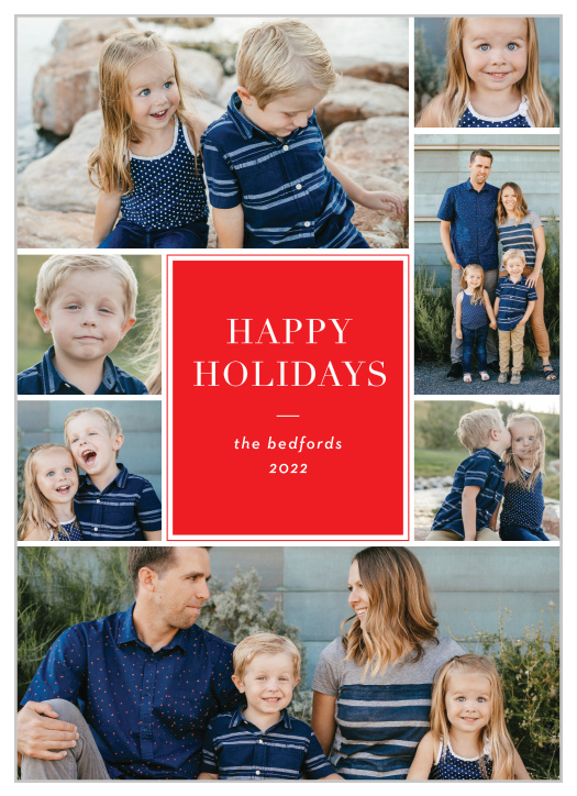 Our Holiday Collage Holiday Cards are filled with precious memories that your friends and family can enjoy. With seven slots for photos and a bold red center with your holiday greeting in a clean-cut text, you can say everything you could ever need to.
