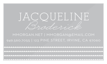 Our Teeny Scallop Clear Business Cards offer the perfect blend of vintage style and modern professionalism. With a mixture of clean lettering and swirling calligraphy to spell out your business details, as well as a triple-row of ridged illustrations to underline your information, these cards are fantastic for any place and any client.