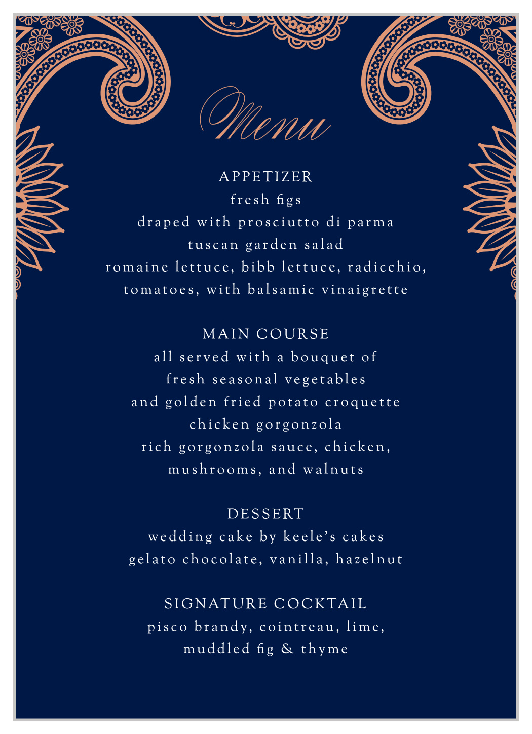 Indian Paisley Wedding Menus