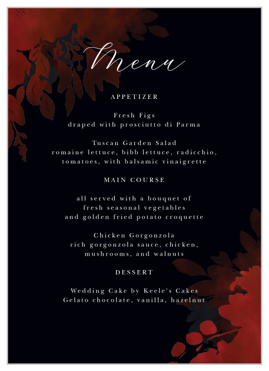 Dark Florals Wedding Menus offer a stunning style for your mouthwatering descriptions.