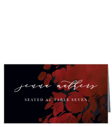 Use the seductive allure of our Dark Florals Place Cards to guide your guests to their seats. Each guest's name is written in a swirling cursive that stands out in sharp contrast to the deep-black-and-red background.