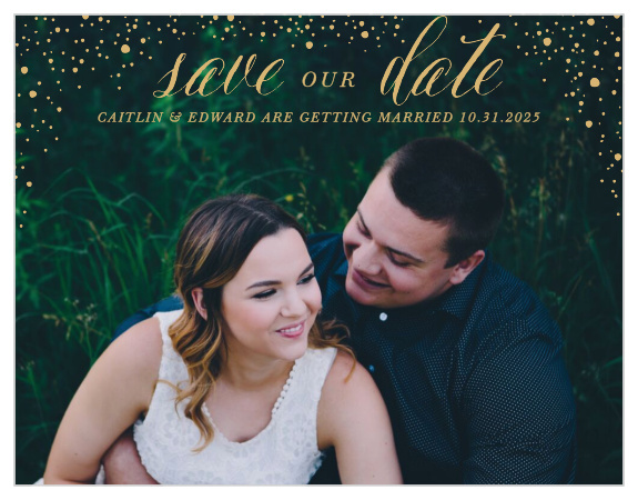 Our Gothic Halloween Save-the-Date Magnets feature a smattering of gold-foiled lights that raise off of your engagement photo.