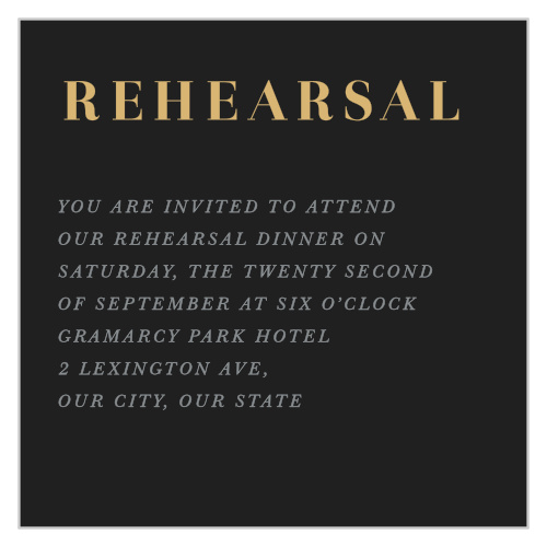 A midnight grey background is contrasted by the raised gold foiled title on our Gothic Halloween Rehearsal Cards.