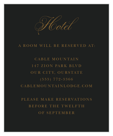 Provide local hotel recommendations for your nearest and dearest loved ones in the beautiful, gothic styling of our Vintage Dracula Accommodation Cards. Bronze print spells out the details of your guests' best options in the center of the card, complemented by the title above in flowing calligraphy for an unforgettable contrast against the midnight-black background.