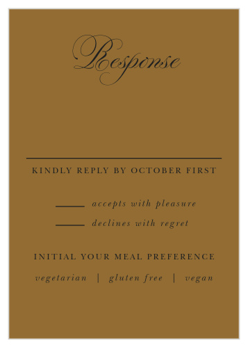 Our Vintage Dracula Response Cards are classic, clean-cut, and seductively gothic. Utilizing a swirling calligraphy, vintage-style print, and the classic colors of bronze and black to make these cards as easy to read as they are to love, you can be sure that you have the opportunity to prepare for every single guest.