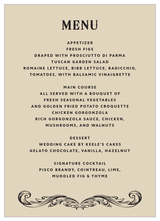 Our Victorian Type Wedding Menus have the antique, classic look that you've been searching for.